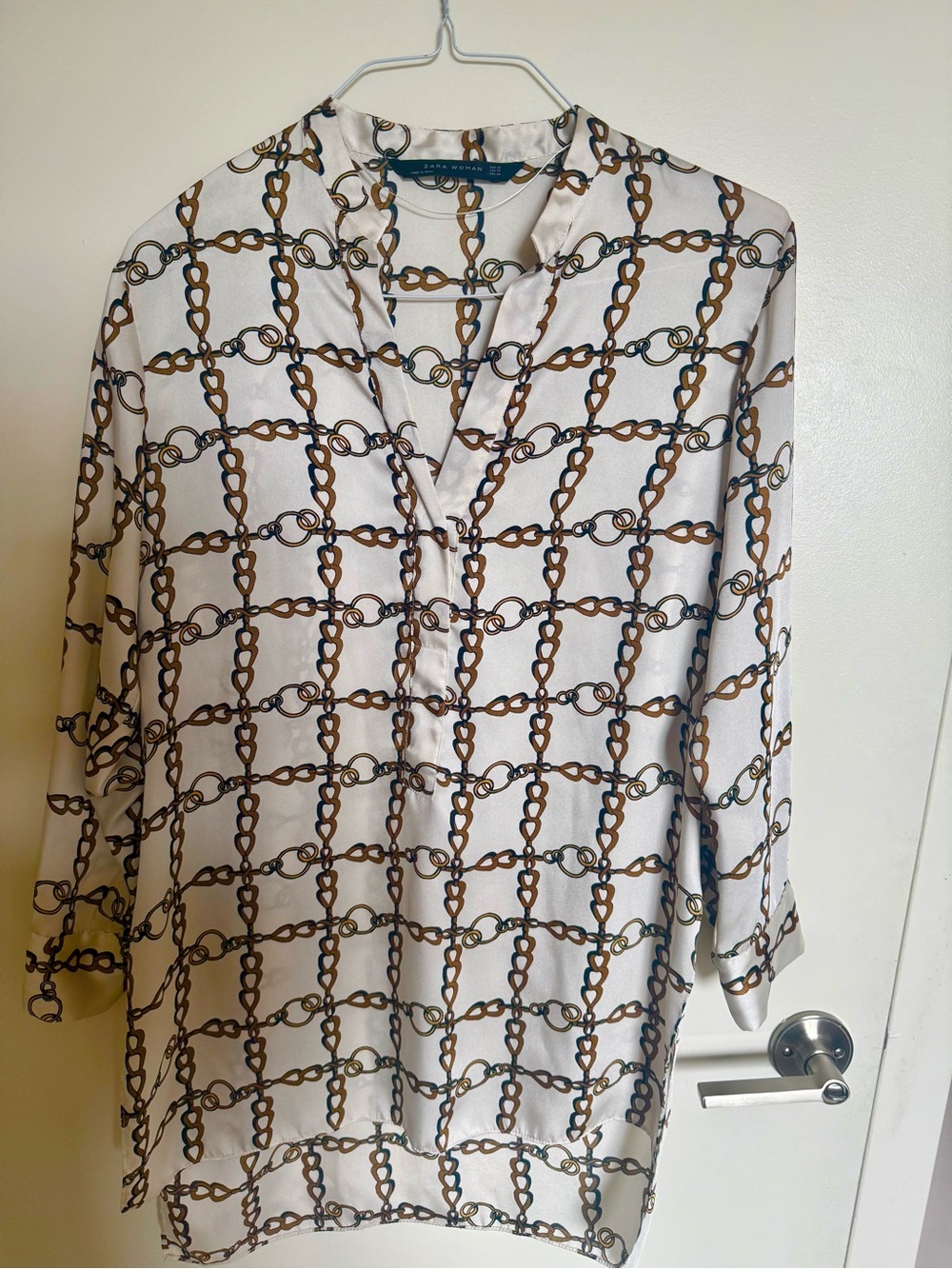 Zara Woman Cream Blouse with Brown Chain Motif